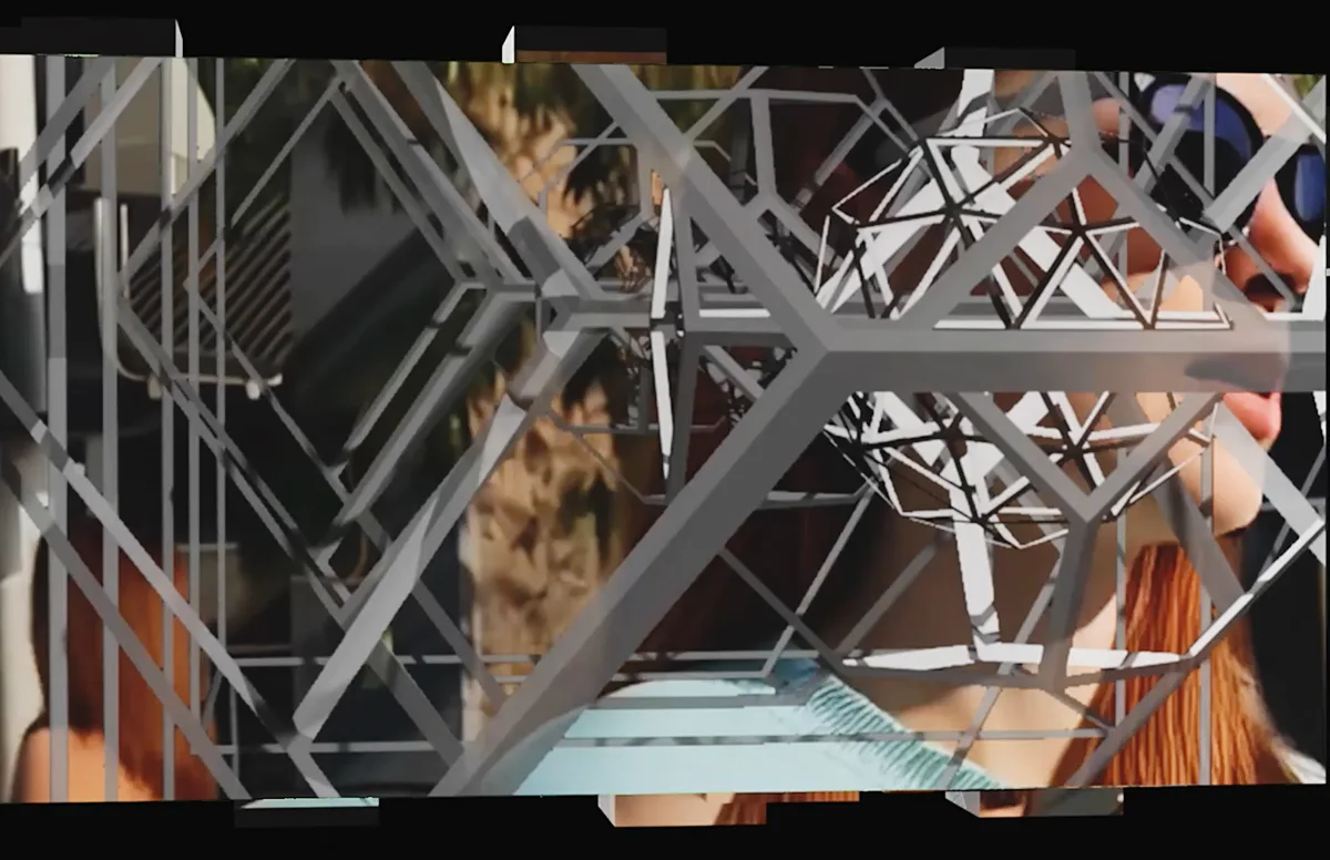 On the Corner artwork, layered video imagery crossed by three-dimensional geometric structures